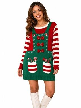 Ugly Christmas Sweater Dress Elf Candy Cane Holiday Party Knit Women’s Size XL
